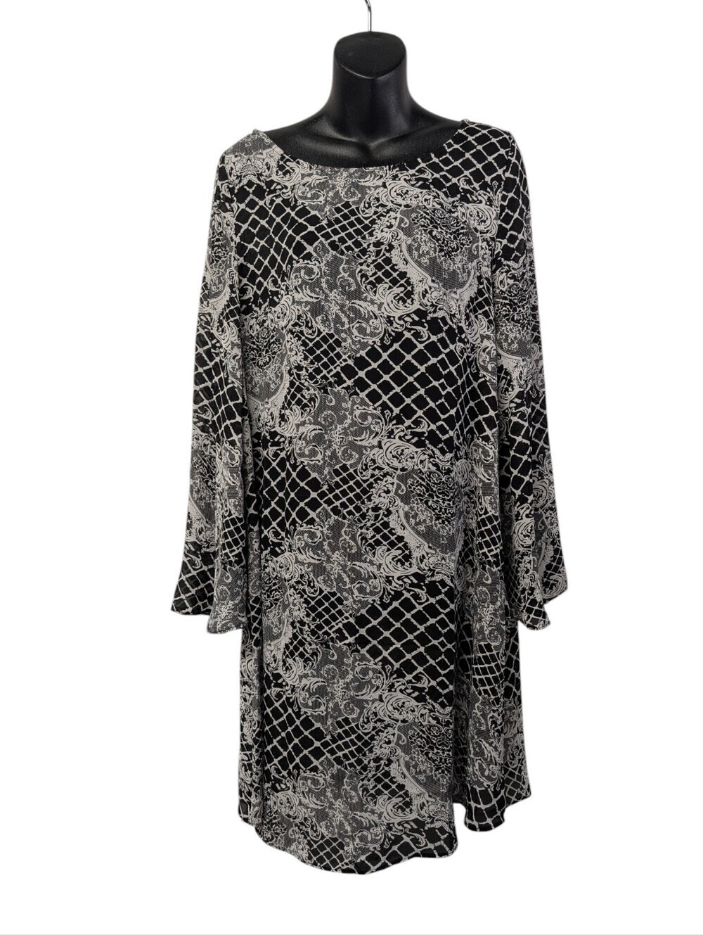 Umgee JR Black White Paisley Lattice Print Bell Sleeve Shift Dress Womens Large